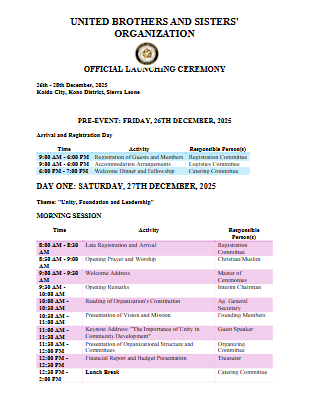 UNITED BROTHERS AND SISTERS - LAUNCHING AGENDA